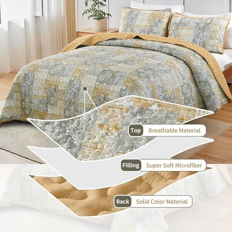 Patchwork quilt set on a bed in a bedroom with a wooden headboard.