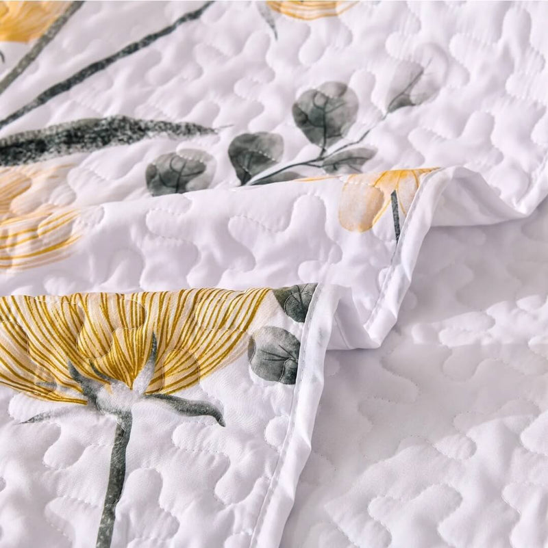 White Base Yellow Floral Coverlet Set-Quilted Bedspread Set (3Pcs)