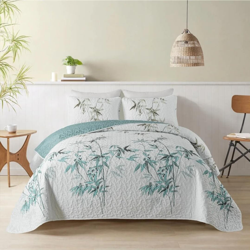 Botanical Green New Coverlet Set-Quilted Bedspread Sets (3Pcs)
