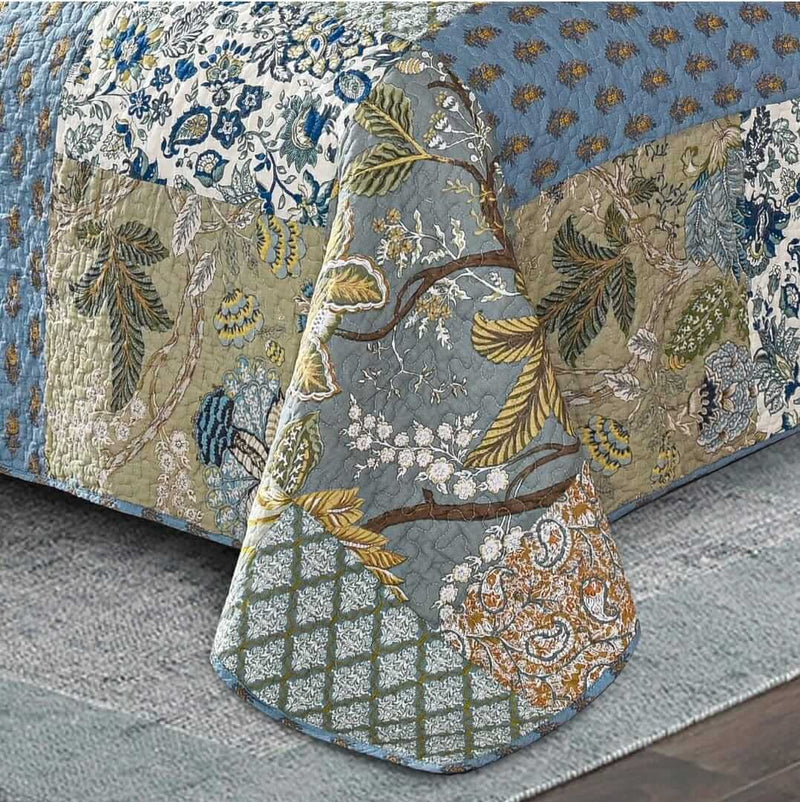 100% Cotton Bedspread Coverlet Set (3Pcs) - Floral Beige Blue