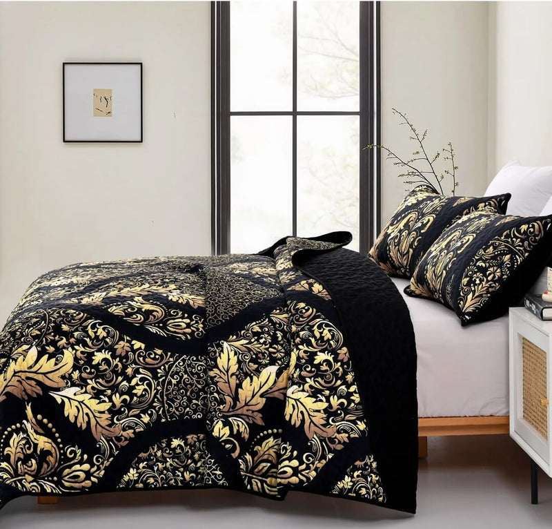Black Base Golden Coverlet Set-Quilted Bedspread Sets (3Pcs)