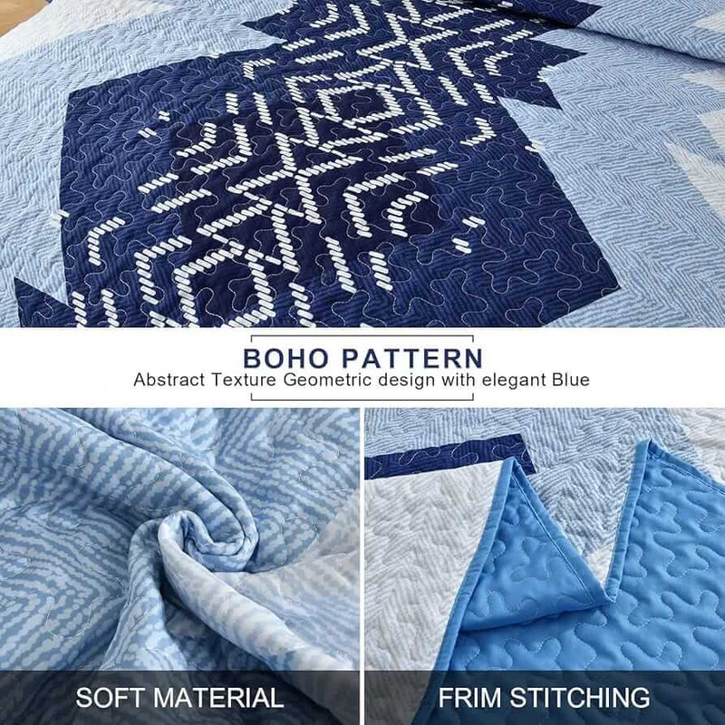 Patchwork quilt set on a bed in a bedroom with a wooden headboard.