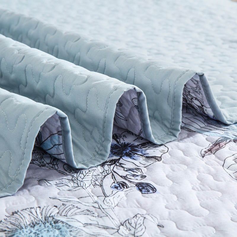 Sky Blue Flower Coverlet Set-Quilted Bedspread Set (3Pcs)