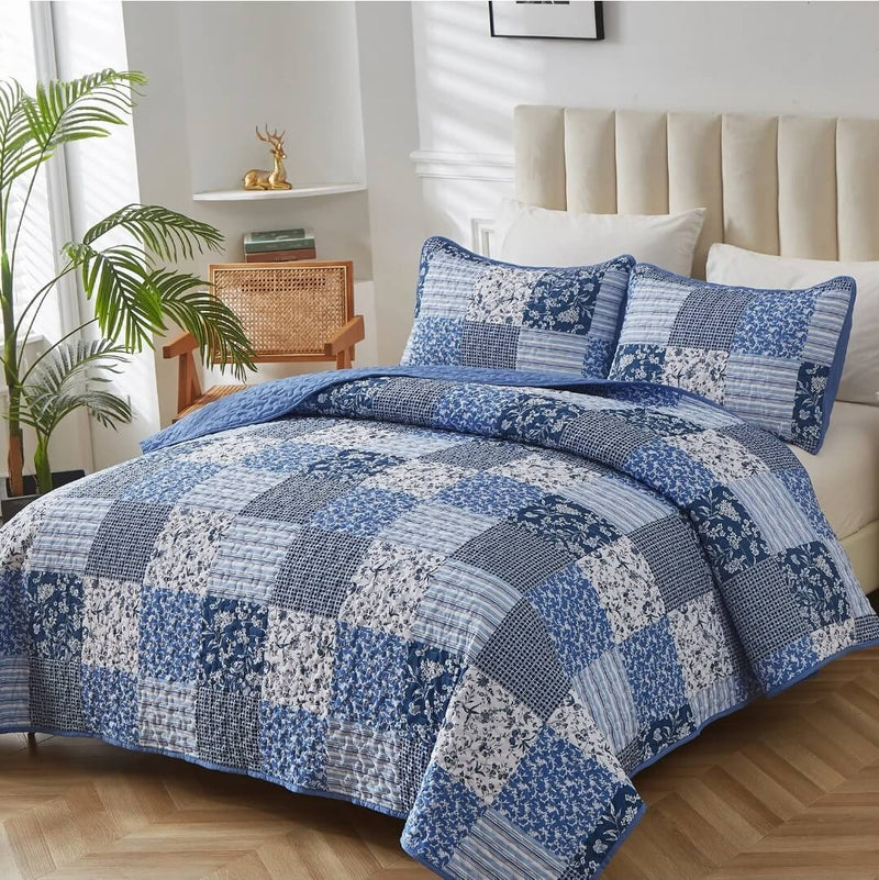 2025 Blue Checked Coverlet Set-Quilted Bedspread Sets (3Pcs)