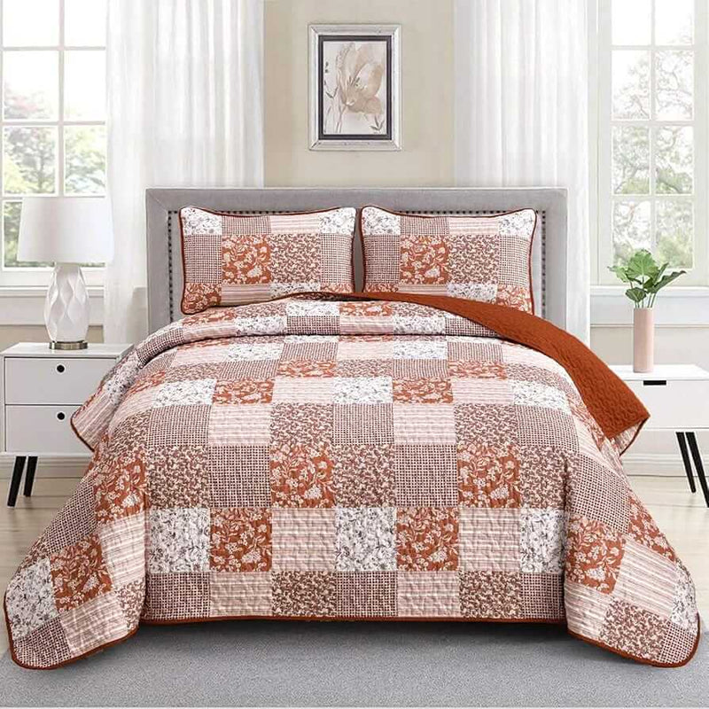 2025 Orange Geometric Patchwork Bedspread Set - Quilted Coverlet Set (3Pcs)