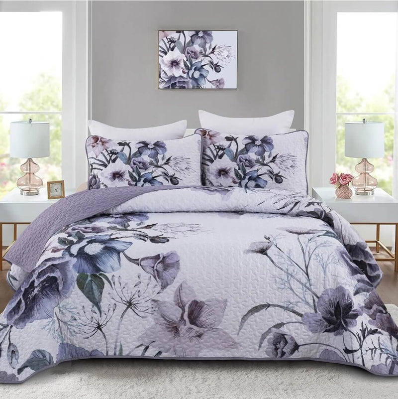 Purple Flower Quilted Bedspread Coverlet Sets (3Pcs)