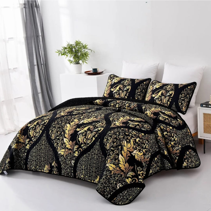 Black Base Golden Coverlet Set-Quilted Bedspread Sets (3Pcs)