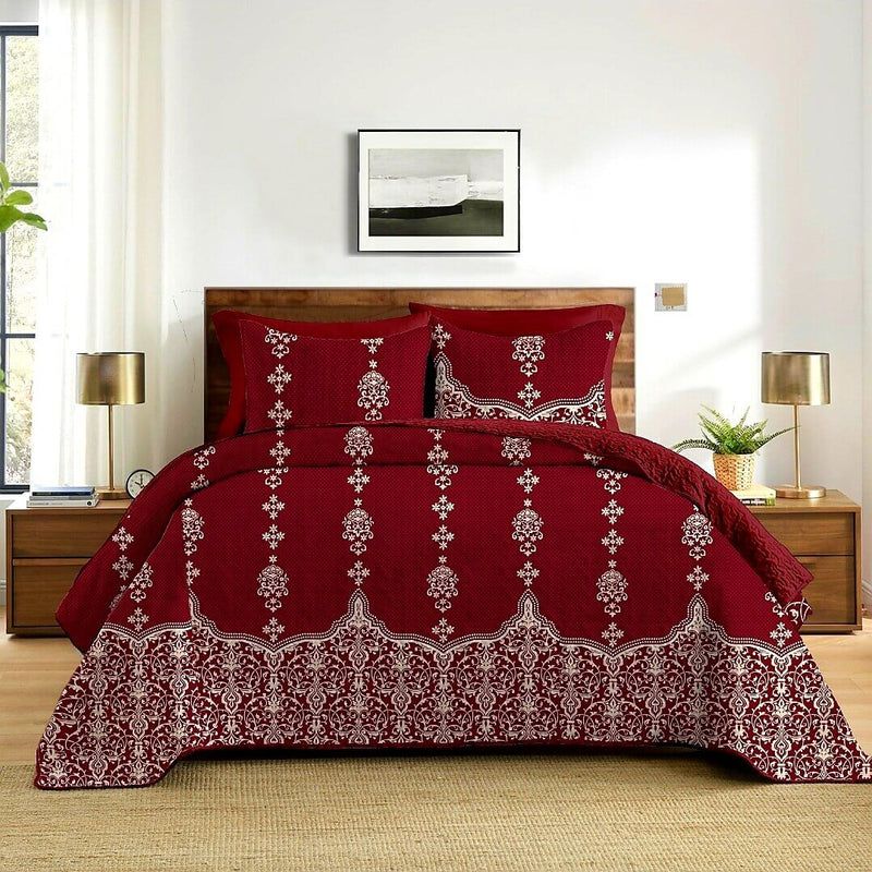 Red INDIAN Style Coverlet Set-Quilted Bedspread Sets (3Pcs)
