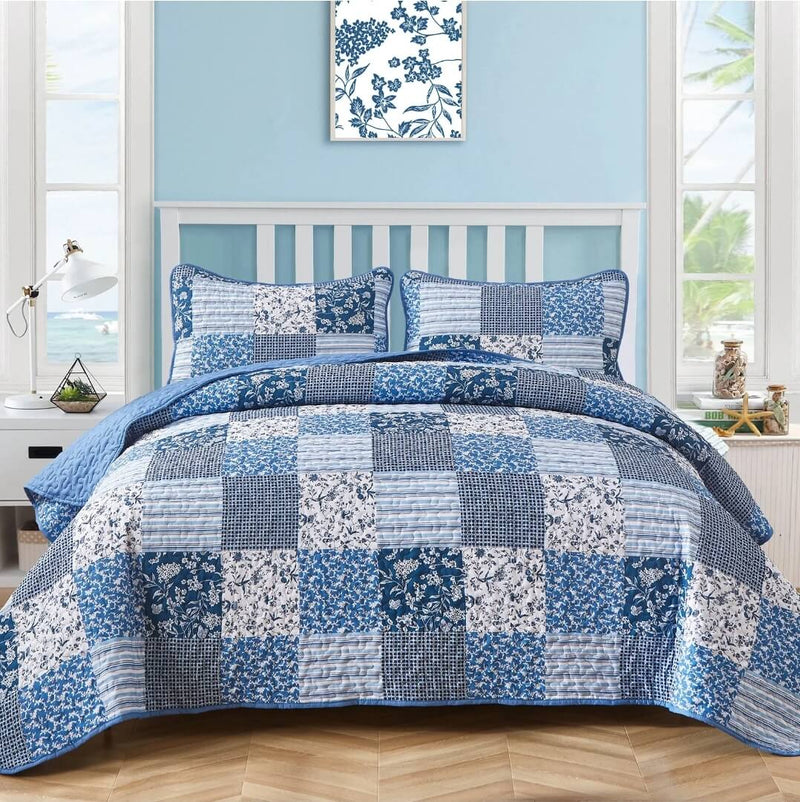 2025 Blue Checked Coverlet Set-Quilted Bedspread Sets (3Pcs)