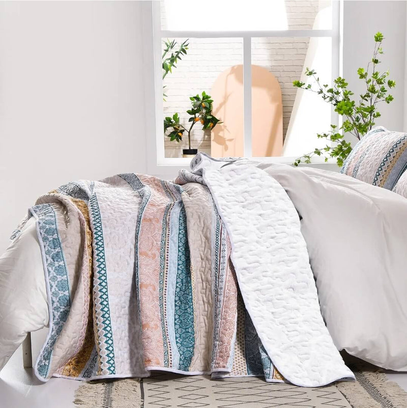 2025 Beige Base Striped Bedspread Coverlet Sets (3Pcs)