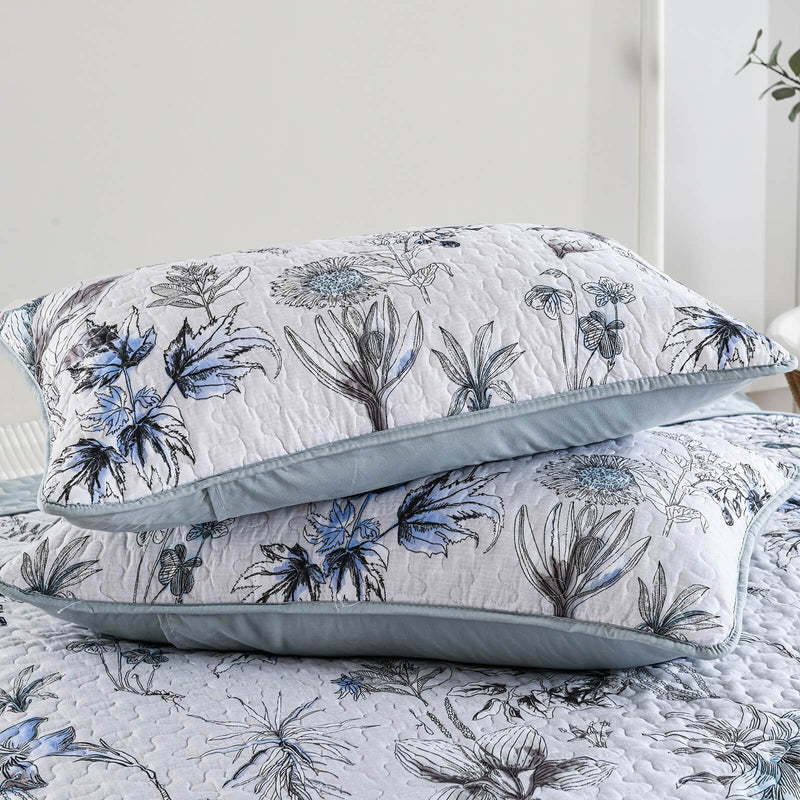 Sky Blue Flower Coverlet Set-Quilted Bedspread Set (3Pcs)