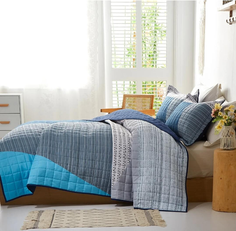 Dark Blue & Grey Quilted Bedspread Coverlet Sets (3Pcs)