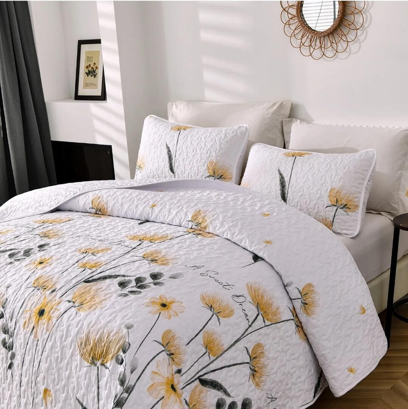 White Base Yellow Floral Coverlet Set-Quilted Bedspread Set (3Pcs)