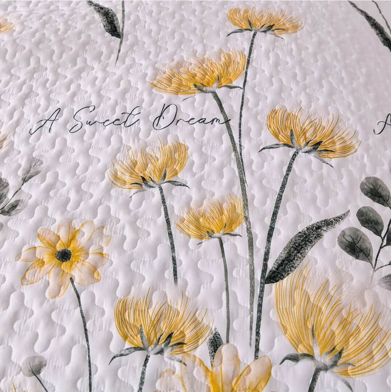White Base Yellow Floral Coverlet Set-Quilted Bedspread Set (3Pcs)