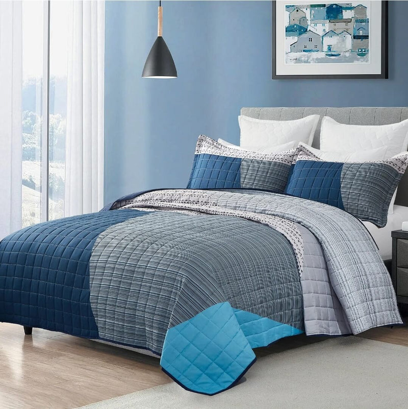 Dark Blue & Grey Quilted Bedspread Coverlet Sets (3Pcs)