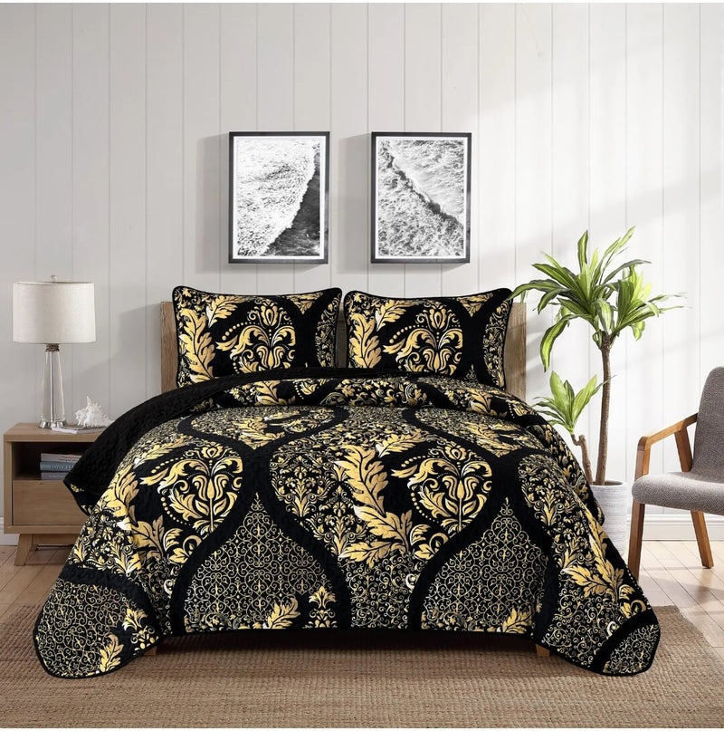 Black Base Golden Coverlet Set-Quilted Bedspread Sets (3Pcs)