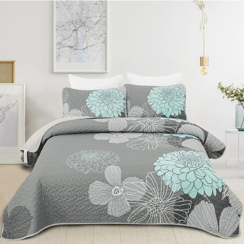 Greyish Floral Coverlet Set-Patchwork Quilted Bedspread Sets (3Pcs)