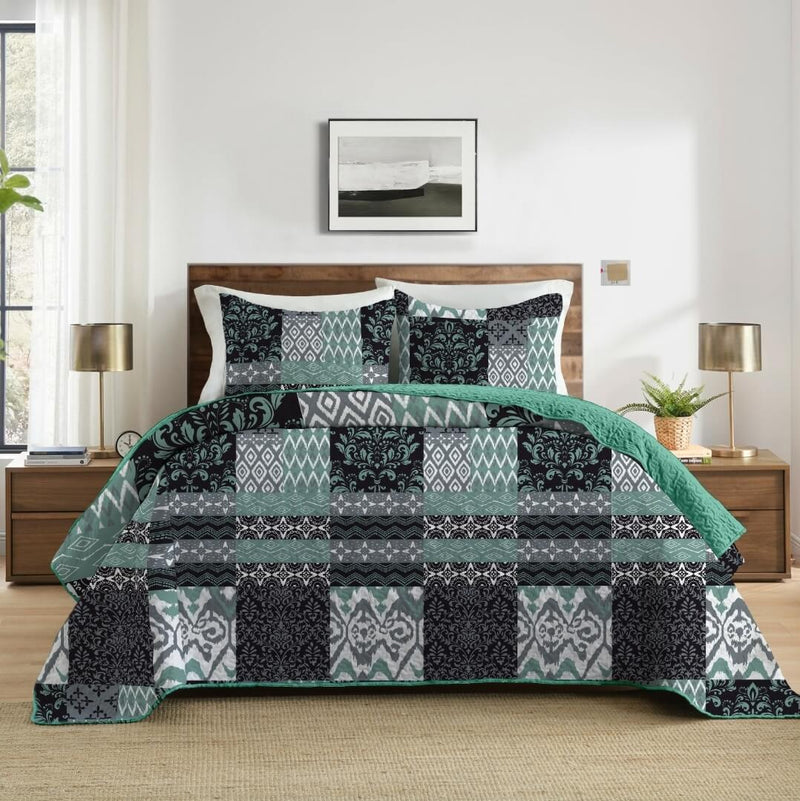 2025 Patchwork Green Coverlet Set-Quilted Bedspread Sets (3Pcs)
