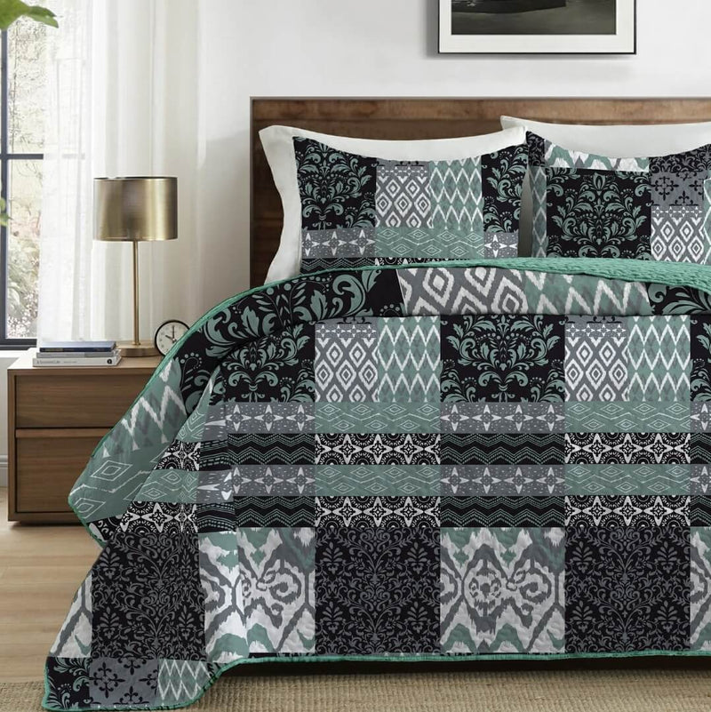 2025 Patchwork Green Coverlet Set-Quilted Bedspread Sets (3Pcs)