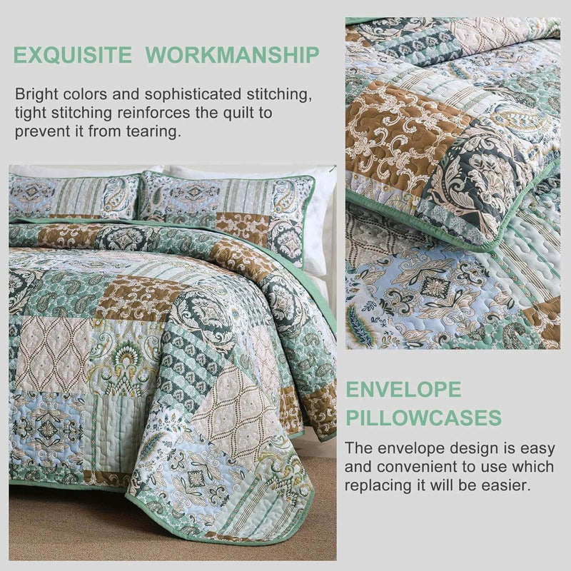 2025 Green Patchwork Coverlet Set -Quilted Bedspread Sets (3Pcs)