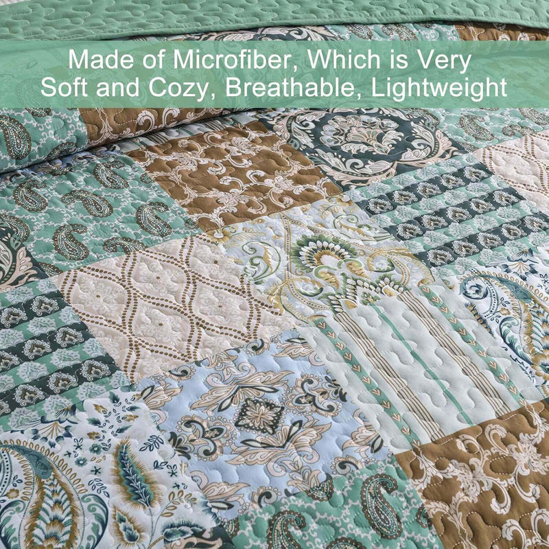 2025 Green Patchwork Coverlet Set -Quilted Bedspread Sets (3Pcs)
