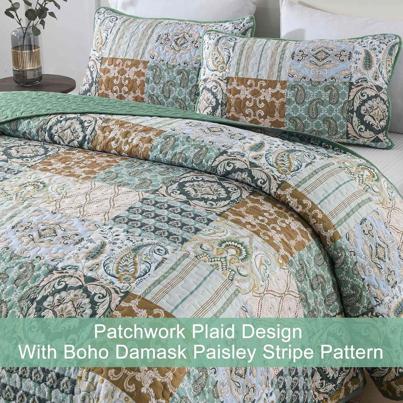 2025 Green Patchwork Coverlet Set -Quilted Bedspread Sets (3Pcs)