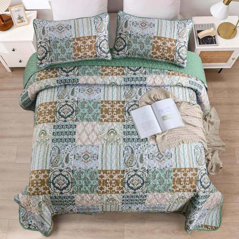 2025 Green Patchwork Coverlet Set -Quilted Bedspread Sets (3Pcs)