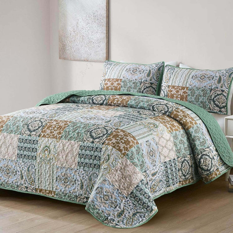 2025 Green Patchwork Coverlet Set -Quilted Bedspread Sets (3Pcs)