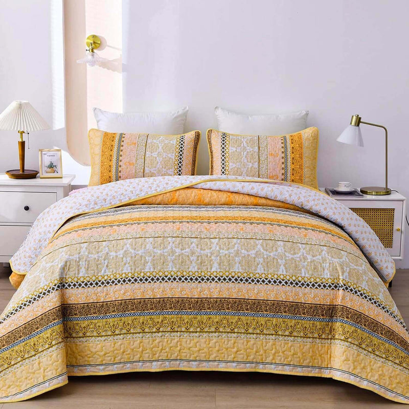 Yellow Bohemian Coverlet Set-Quilted Bedspread Sets (3Pcs)