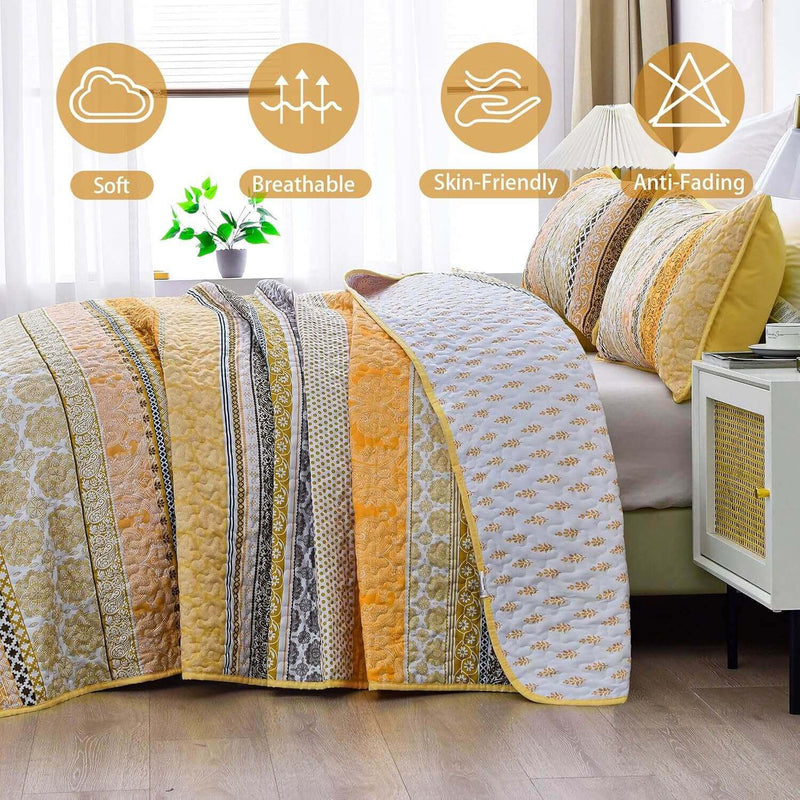 Yellow Bohemian Coverlet Set-Quilted Bedspread Sets (3Pcs)