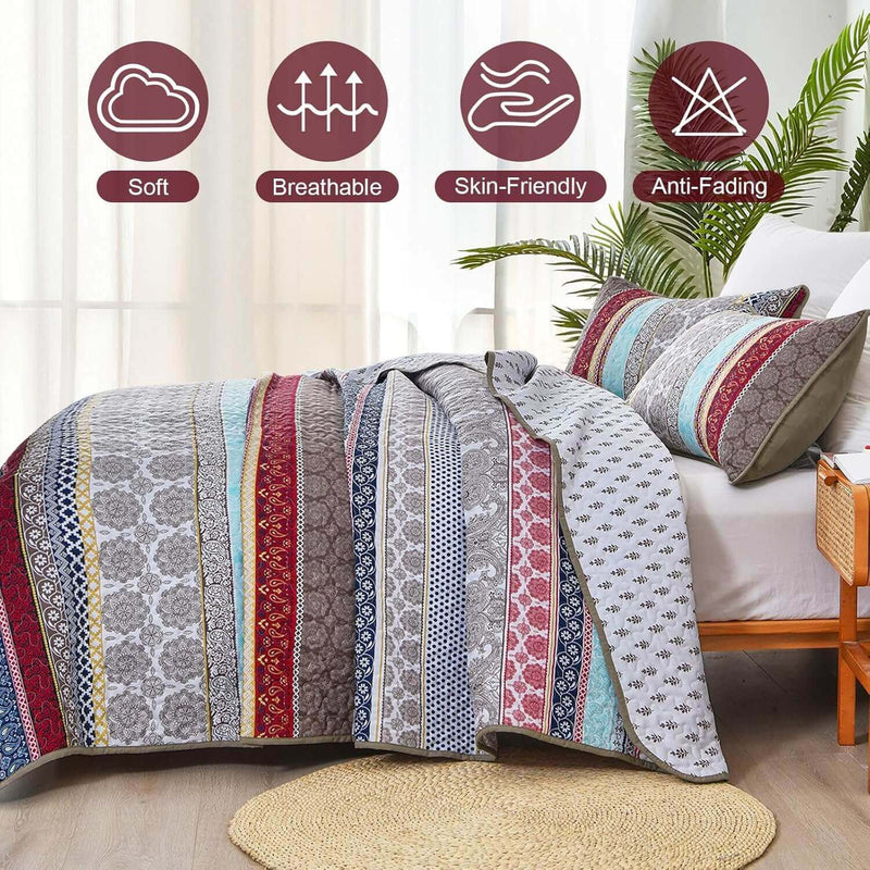 Multicolor Bohemian Coverlet Set-Quilted Bedspread Sets (3Pcs)