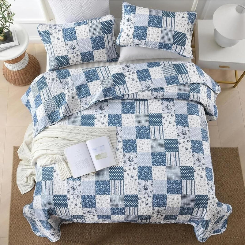 Navy Blue Chess Quilted Bedspread Coverlet Sets (3Pcs)