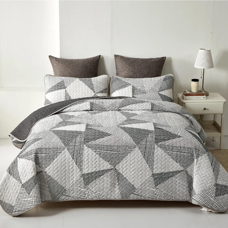 Grey Triangle Design Coverlet Set-Quilted Bedspread Sets (3Pcs)
