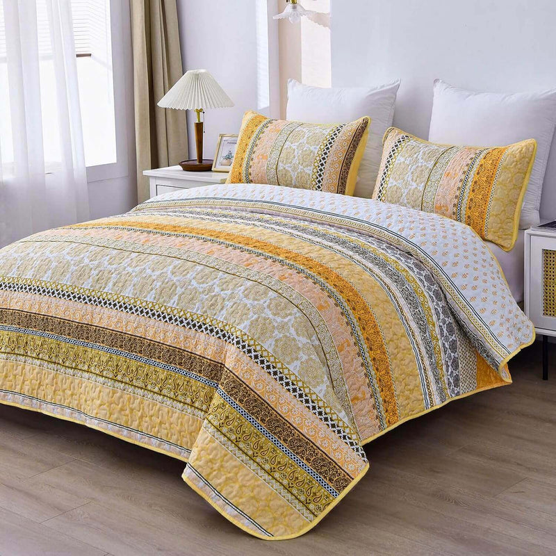 Yellow Bohemian Coverlet Set-Quilted Bedspread Sets (3Pcs)