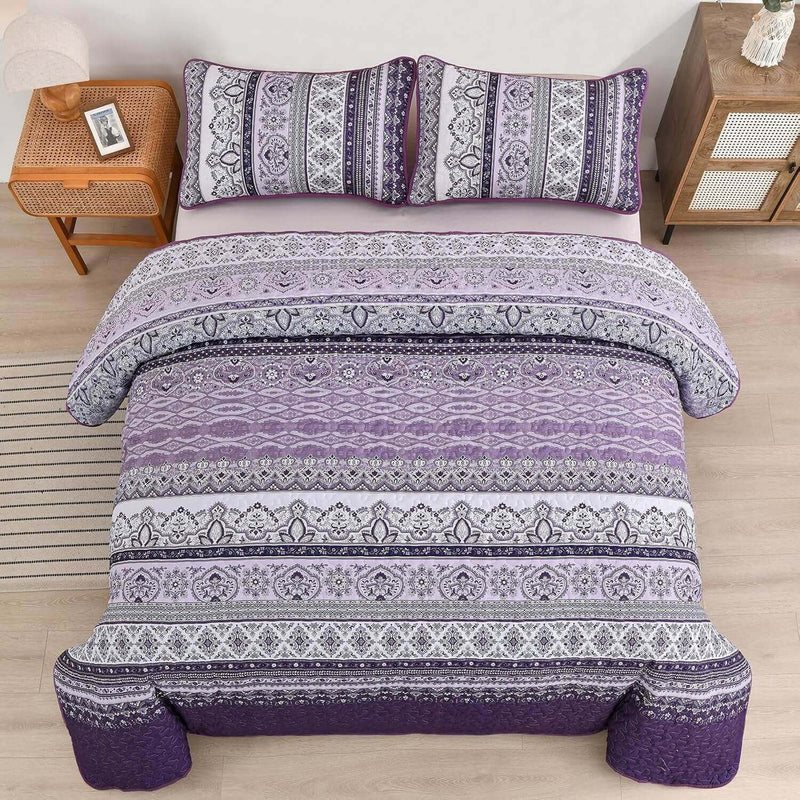 Purple Bohemian Coverlet Set-Quilted Bedspread Sets (3Pcs)