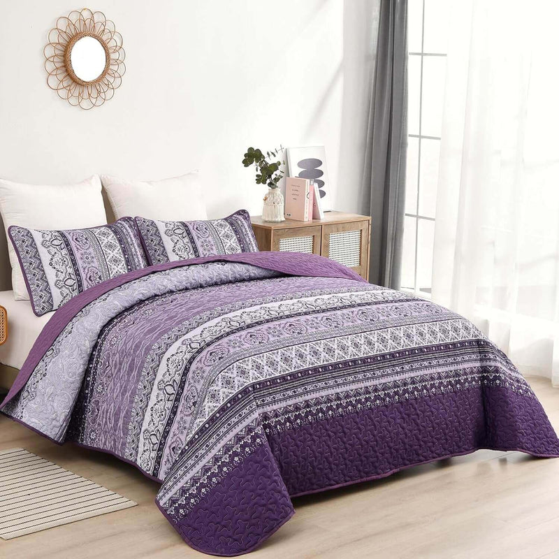 Purple Bohemian Coverlet Set-Quilted Bedspread Sets (3Pcs)