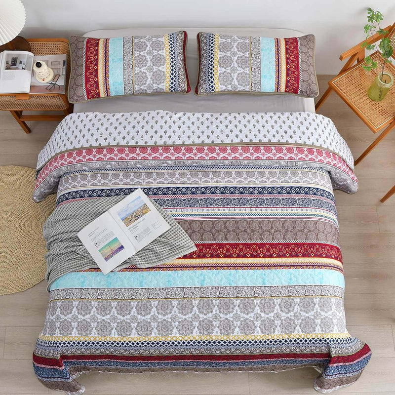 Multicolor Bohemian Coverlet Set-Quilted Bedspread Sets (3Pcs)