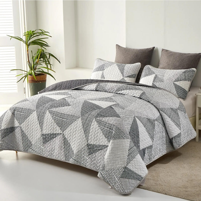 Grey Triangle Design Coverlet Set-Quilted Bedspread Sets (3Pcs)