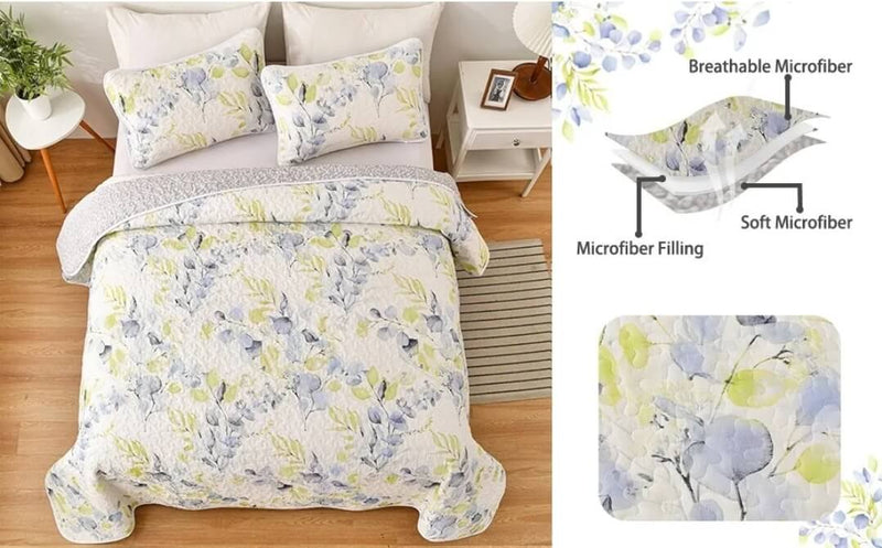 Yellow Green Floral Coverlet Set-Quilted Bedspread Set (3Pcs)