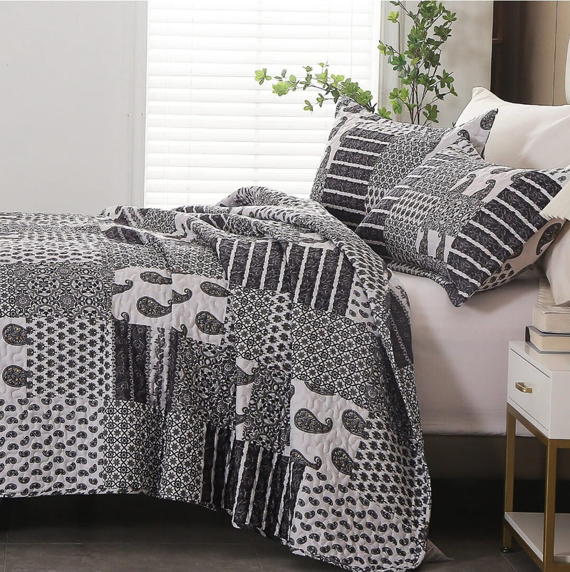 Checked Grey Coverlet Set-Bedspread Quilt Set