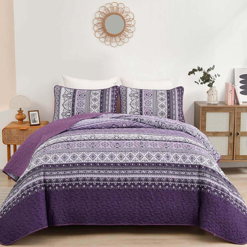 Purple Bohemian Coverlet Set-Quilted Bedspread Sets (3Pcs)