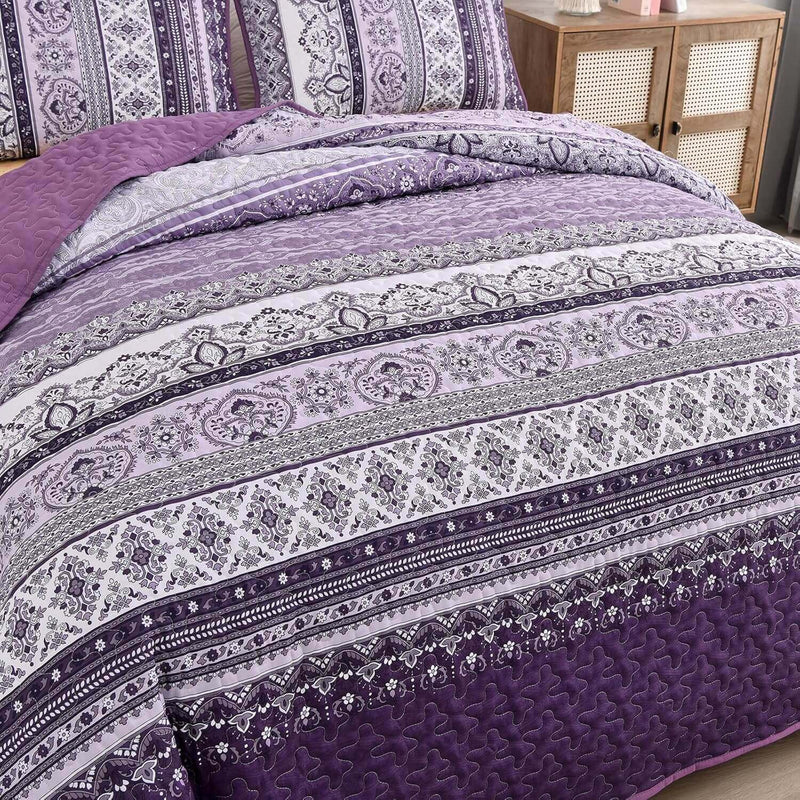 Purple Bohemian Coverlet Set-Quilted Bedspread Sets (3Pcs)