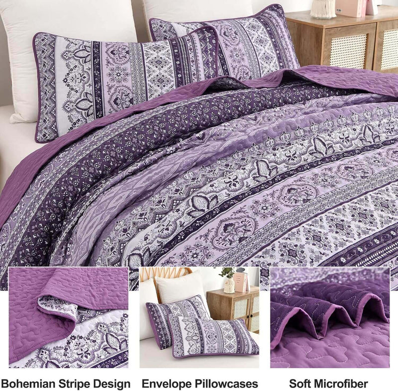 Purple Bohemian Coverlet Set-Quilted Bedspread Sets (3Pcs)