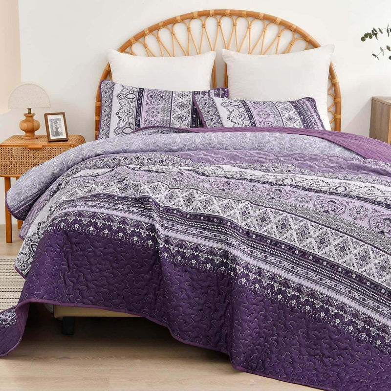 Purple Bohemian Coverlet Set-Quilted Bedspread Sets (3Pcs)