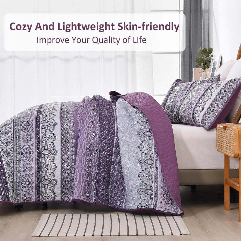 Purple Bohemian Coverlet Set-Quilted Bedspread Sets (3Pcs)