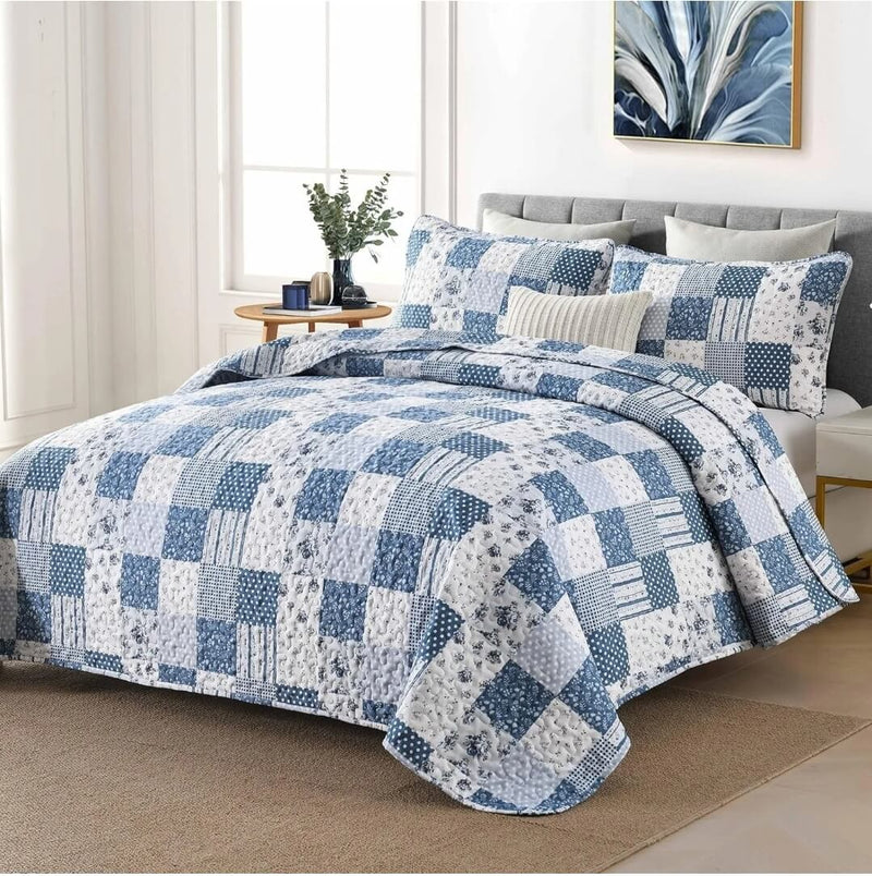 Navy Blue Chess Quilted Bedspread Coverlet Sets (3Pcs)