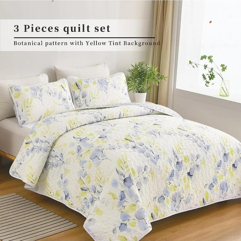 Yellow Green Floral Coverlet Set-Quilted Bedspread Set (3Pcs)