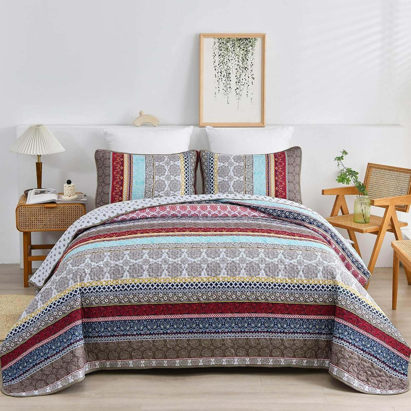 Multicolor Bohemian Coverlet Set-Quilted Bedspread Sets (3Pcs)