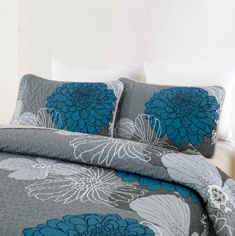 Greyish Blue Floral Coverlet Set-Quilted Bedspread Sets (3Pcs)