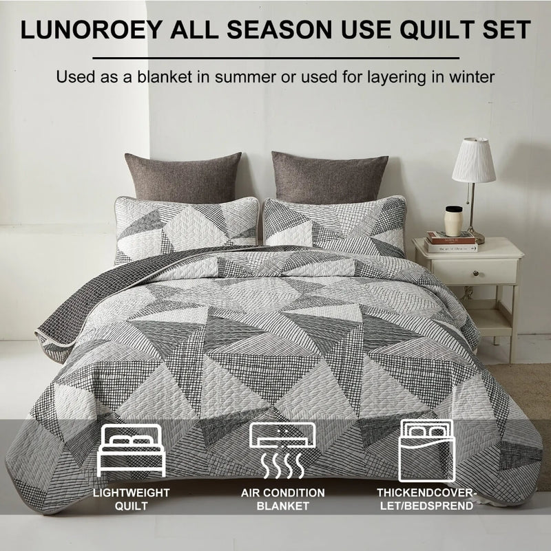 Greyish Triangle Coverlet Set-Patchwork Quilted Bedspread Sets (3Pcs)